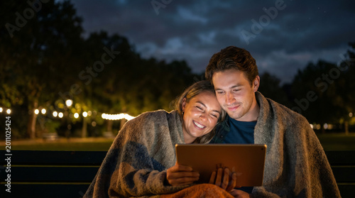 Couple enjoying an outdoor cinema experience at night, wrapped in blankets, watching a movie on a tablet under a starry sky with glowing park lights in the background