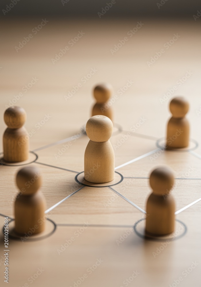 Obraz premium Central wooden figure token standing on a light surface with connecting lines to surrounding figures for business networking, leadership structure and social connection