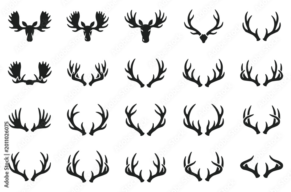 Fototapeta premium Collection of Deer, elk and Moose Antler Silhouette Icons