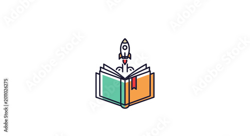 A rocket ship emerging from an open book.
