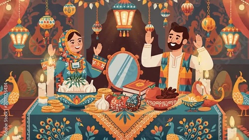 Nowruz Celebration with Traditional Haft-Seen Table and Persian Couple.