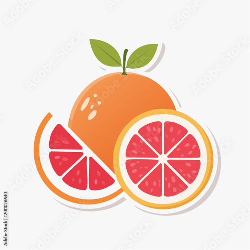 Stylized illustration of a whole and sliced grapefruit with leaves