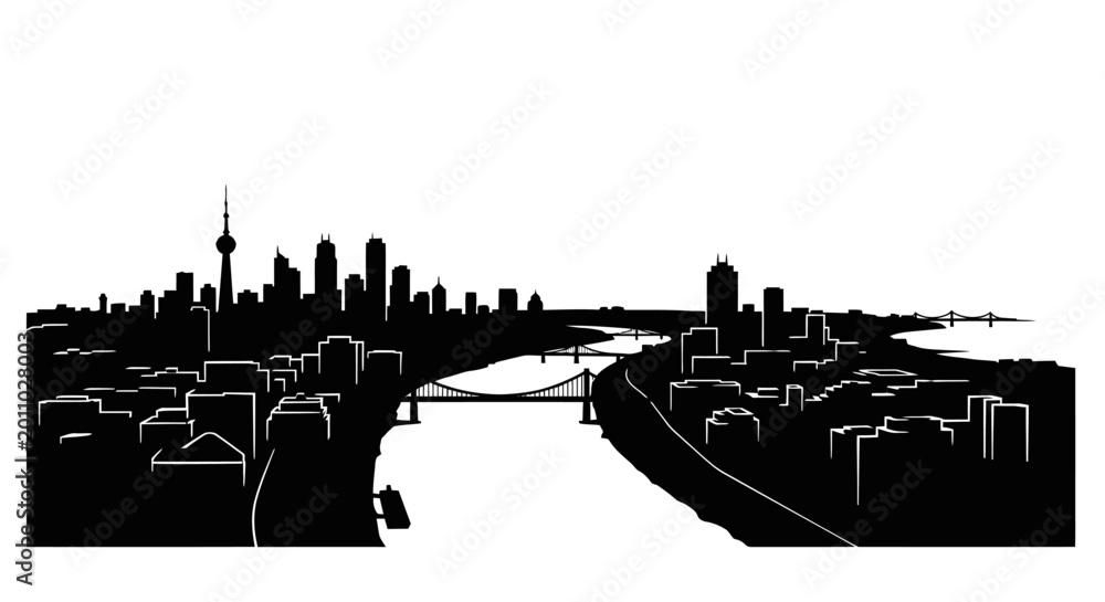 Obraz premium City skyline, urban landscape, black silhouette, cityscape illustration, vector graphic isolated on White Background Editable EPS