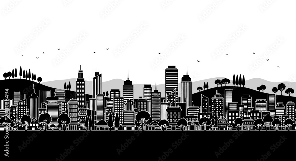 Obraz premium City skyline, urban landscape, black and white illustration, vector cityscape, grayscale buildings isolated on White Background Editable EPS