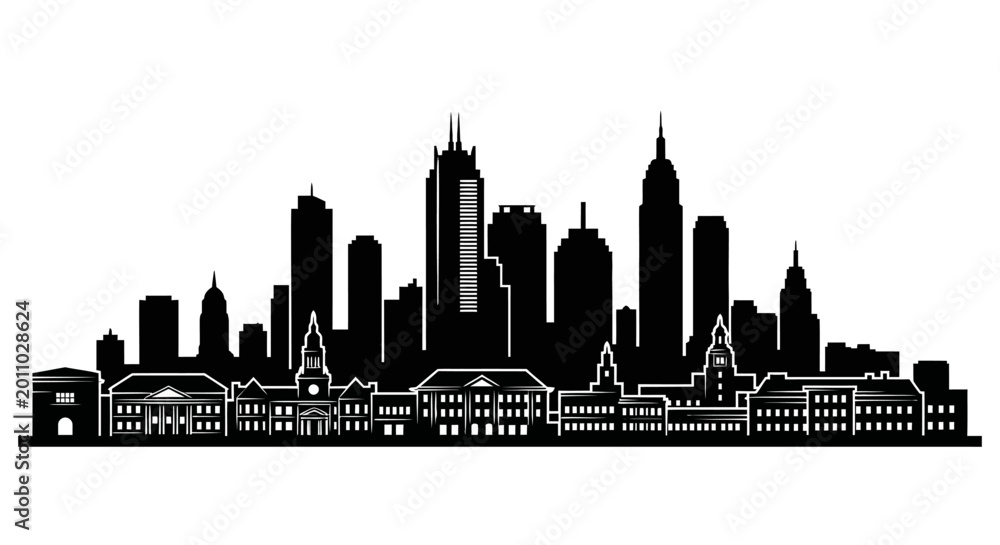 Fototapeta premium New York City Skyline, Urban Landscape, Cityscape Silhouette, Black Vector Illustration isolated on White Background Editable EPS