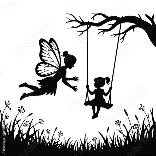 Cuadro en lienzo Fairy Godmother Flying Near Little Girl on Tree Swing Silhouette Illustration