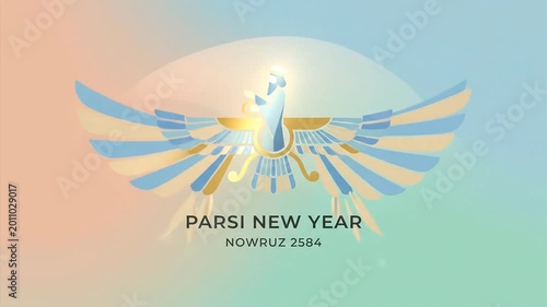 Parsi New Year Celebration with Faravahar Symbol and Nowruz 2584 Greeting.