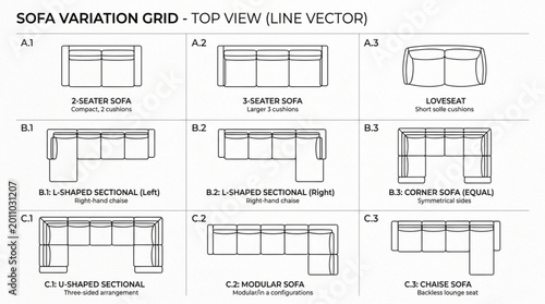 Photos Sofa variation grid top view line vector illustration.