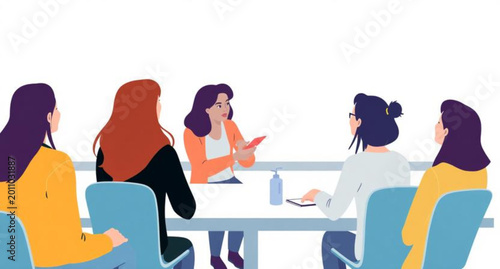 A diverse group of people including a business woman and doctor enjoy an illustration of girls on the beach and in the pool while sitting at an office desk