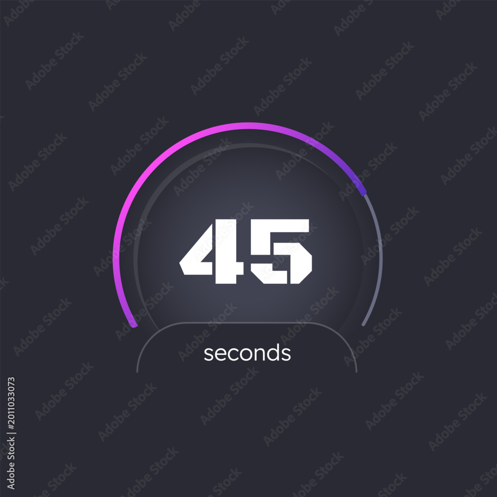 Fototapeta premium Business deadline countdown timer on dark background. Speedometer style. Period control. Circle progress bar isolated. Seconds timekeeping. Remaining time. Modern UI graphic. Stopwatch design