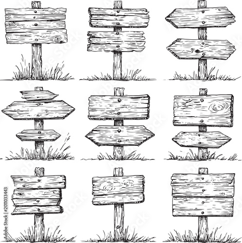 Hand drawn rustic wooden signpost set with directional arrows and vintage sketch style vector illustration