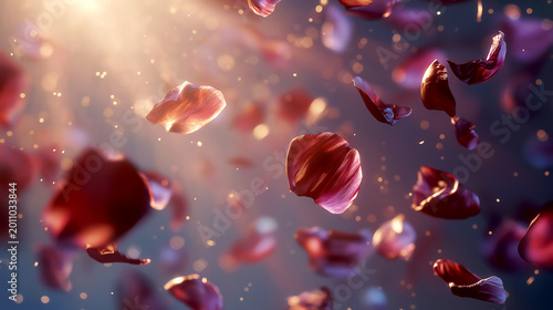 Close-up of deep red rose petals drifting through the air in golden cinematic lighting, representing passion, love, and elegance for romantic events and luxury brand storytelling.