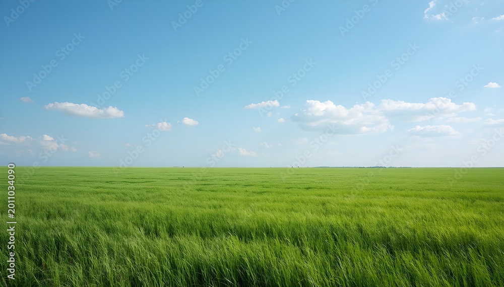 Fototapeta premium Open Green Grass Field Under Blue Sky Minimal Countryside Background