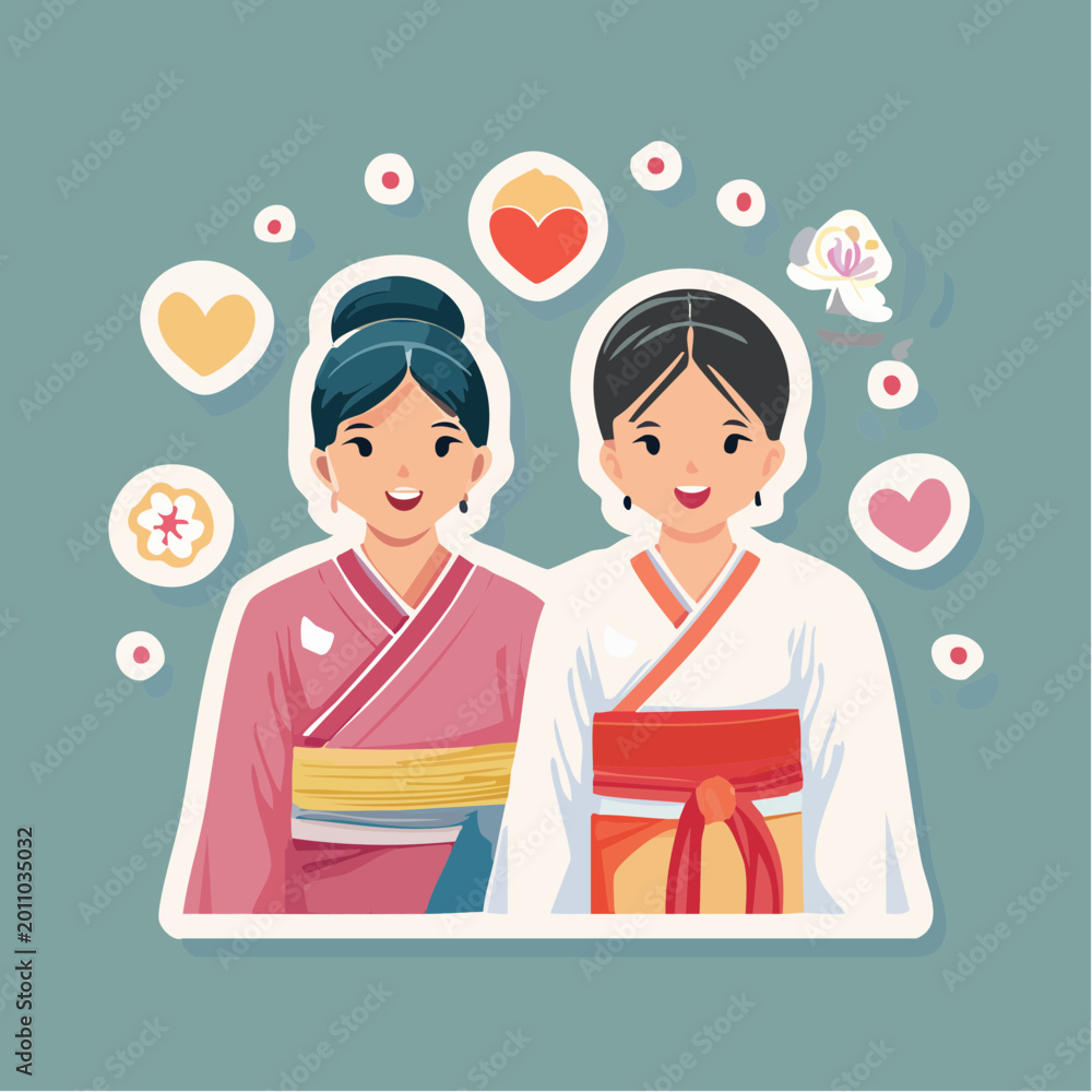 Fototapeta premium Two Women in Kimonos with Hearts and Flowers
