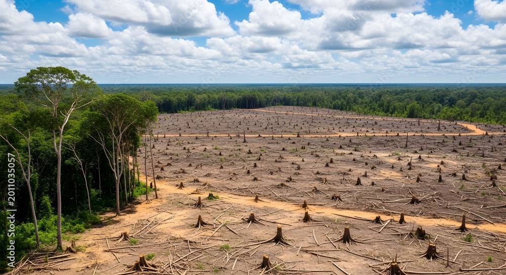Naklejka premium Deforestation and Land Clearing in a Tropical Forest Area.