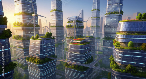 Futuristic Sustainable Cityscape with Green Energy Solutions and Innovative Urban Design Features