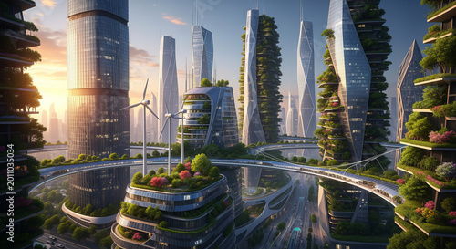 Futuristic Cityscape with Eco-Friendly Skyscrapers, Lush Greenery, and Urban Sustainability Features