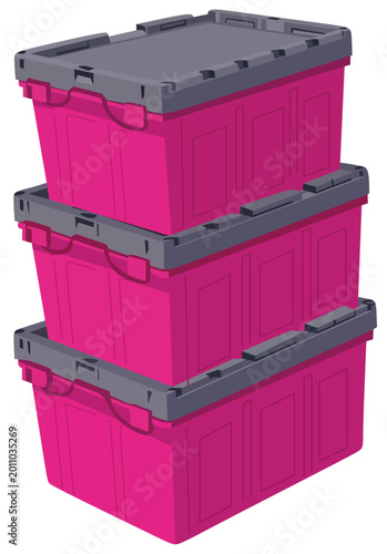 Stacked Plastic Storage Bins. Pink Organizer Containers with Lids Vector Illustration.eps