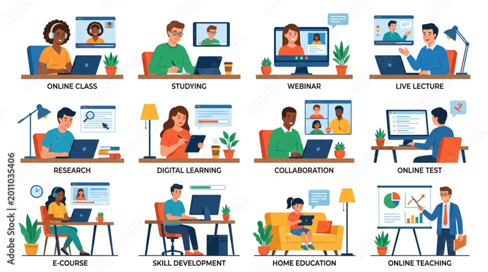 Fototapeta premium Diverse people working remotely and learning online using laptops and computers.