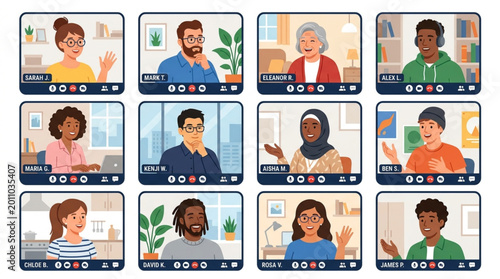 Diverse group of people in video conference call grid.