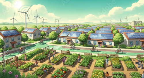 Eco-Friendly Sustainable Community Concept Featuring Solar Panel Houses and Vibrant Garden Farms