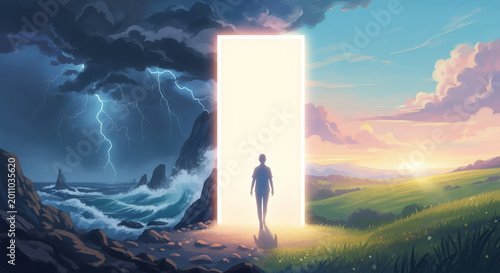 Transition Through Doorway From Turbulent Sea to Serene Pastoral Landscape, Symbolizing Renewal