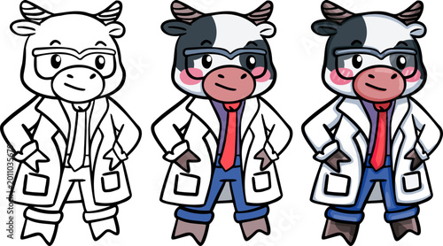 Cow cartoon character wearing lab coat. Cute animal in doctor costume.