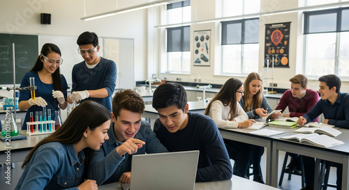 Science Students Working Together in Laboratory with Laptop, Conducting Experiments and Research