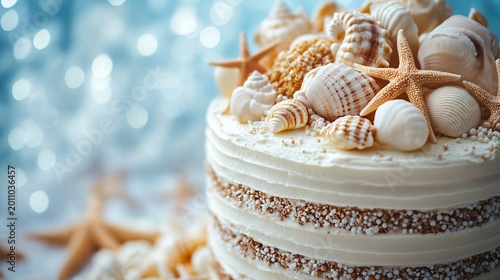 A cake decorating idea with a beach theme using seashells made from white chocolate.