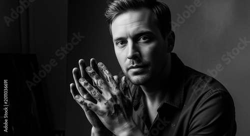 Creative Monochrome Portrait of a Young Man with Paint on His Hands in a Modern Artistic Studio