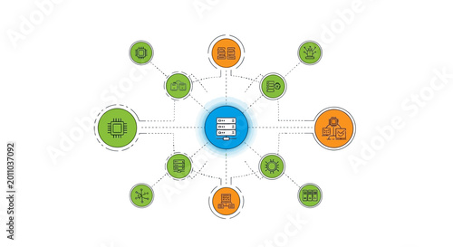 Network diagram, infographic elements, business icons, vector graphics