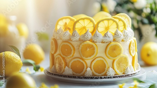 Lemon cake decorated with lemon slices.