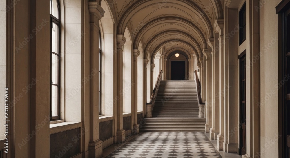 Fototapeta premium Long corridor with arched windows, leading to a dark doorway and stairs