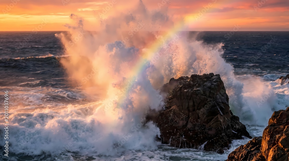 Fototapeta premium Abstract, colorful, modern digital art vector illustration of a stormy ocean wave with a rainbow, perfect for a vibrant background