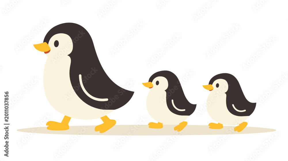 Fototapeta premium A cartoon penguin family with parent and two baby penguins on transparent background. Cute black and white flightless birds with yellow feet in a charming wildlife family scene.