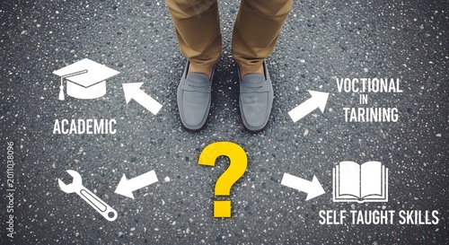 Individual looking at a yellow question mark contemplating educational paths symbolizing academic vocational and self taught choices