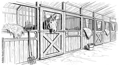 Sketch of a horse peering from its stable interior with wooden stalls, hay bales, and farm tools, capturing rustic charm