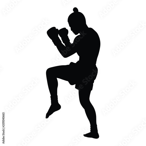 Muay Thai Fighter Intense Combat Training Vector, Silhouette, Illustration