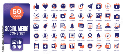 50 Social Media Icons Set. Modern Social Networking, Like, Share, Chat UI, Messaging, Reels, Community, Stories, Followers, Reactions, Content Sharing, Communication Vector Pack