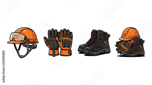 Construction worker safety gear including helmet gloves and boots.