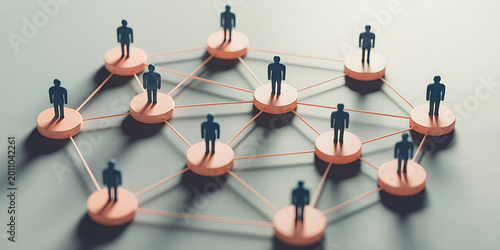 A 3d illustration of people standing on circles connected by lines representing networking and communication