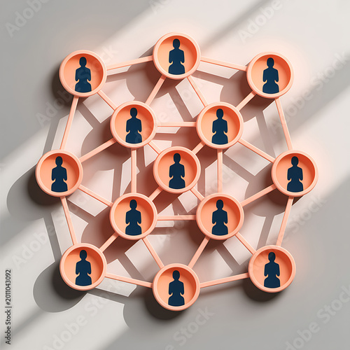 A network of interconnected people icons in a weblike structure on a gray background with shadows