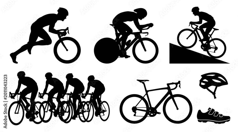 Obraz premium Set of black cyclist silhouettes and racing equipment vector illustration