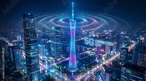 Futuristic smart city at night with 5G network connection, digital communication and wireless technology concept
