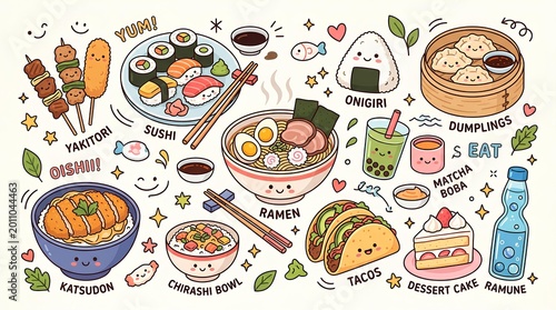 A cute colorful flat vector illustration of Japanese food items