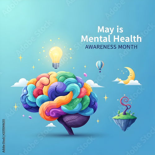 Colorful human brain illustration with glowing lightbulb on blue background for mental health awareness month campaign.