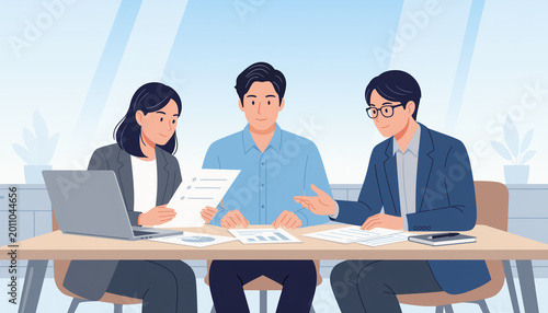 ビジネス資料を確認する3人の会社員のフラットイラスト