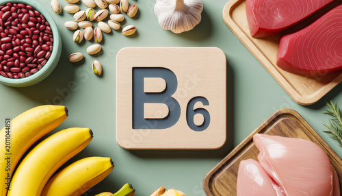 Flat lay with Vitamin B6 and products around where it is contained, healthy nutrition