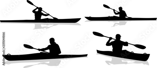 Foto Black silhouette illustrations of individuals paddling kayaks with double-bladed