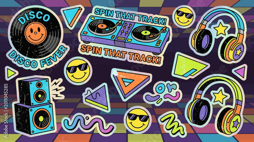 Retro disco party stickers in 90s style
